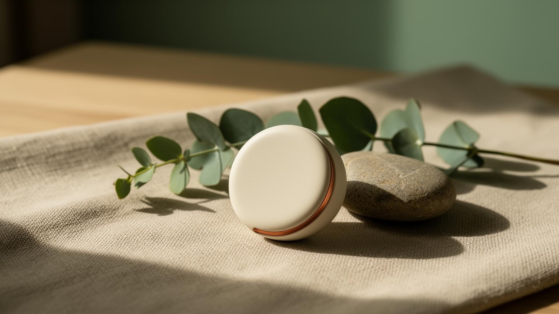 Chip OdorTag em ceramica matte com acento de cobre, sobre tecido de linho e eucalipto