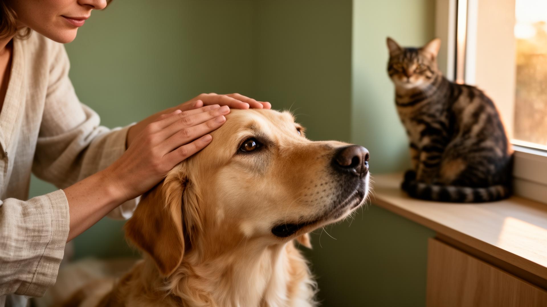 Mãos da tutora afagando a cabeça do golden retriever, gato ao fundo na janela